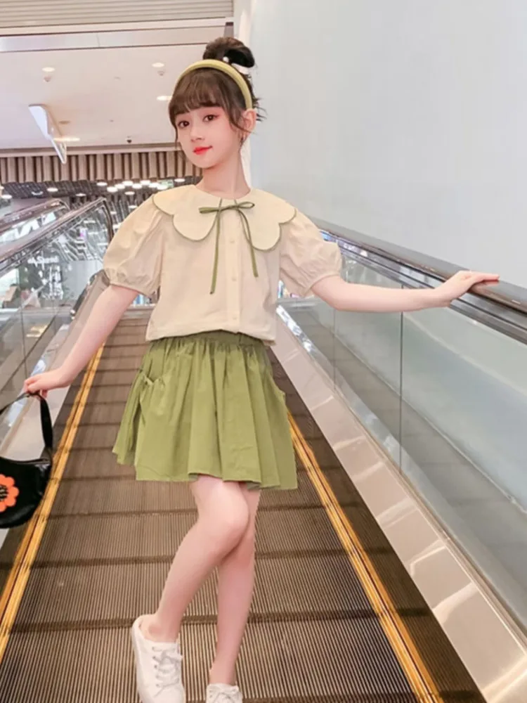 

Girls Summer New Fashion Summer Petal Collar Bubble Sleeves Children's Short Sleeves Simple Casual Loose Daily Two Piece Set