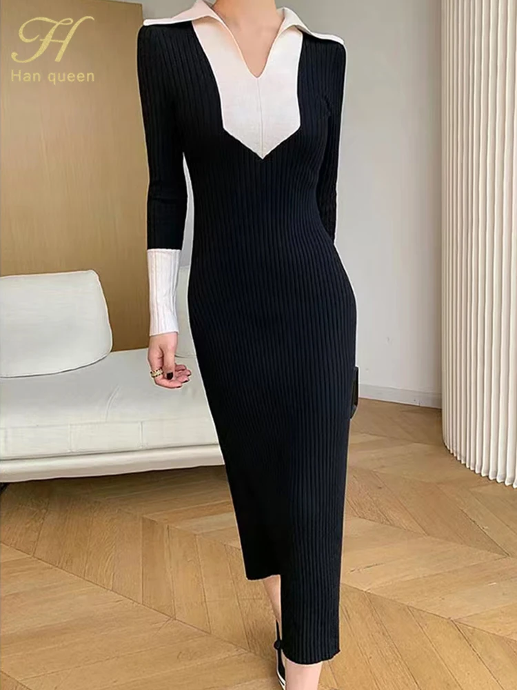 H Han Queen Autumn Dresses Korean Long Sleeve Vestido Elegant Fashion Color Blocking Knitted Office Party Casual Lace Dress