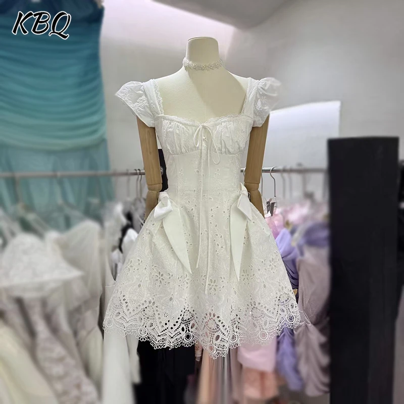 

KBQ Elegant Lace Slimming Spliced Bowknot Dresses for Women Square Collar Short Sleeve High Waist Temperament Dress Female New