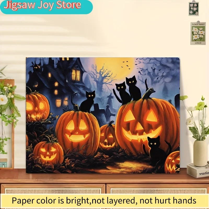 Puzzle dla dorosłych z motywem dyniowego ogródka i czarnego kota na noc Halloween, odpowiednie do gier imprezowych i rekwizytów.