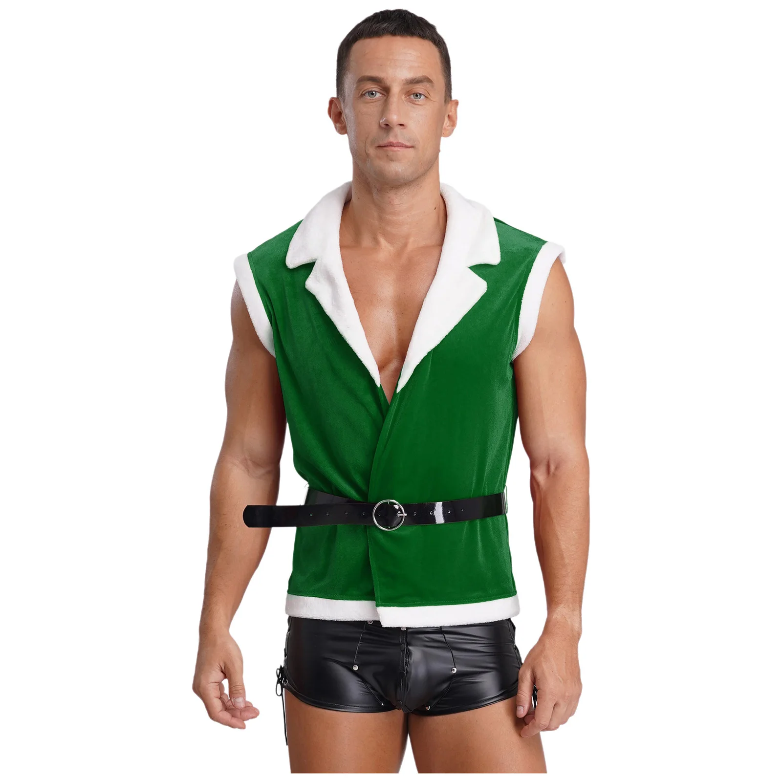 

Mens Christmas Xmas Notched Collar Open Front Velvet Vest with Adjustable Faux Leather Belt Santa Claus Cosplay Party Costume