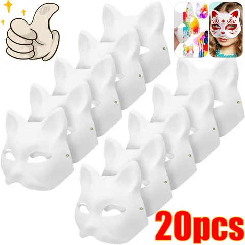 Masque japonais en papier vierge, 1 à 20 pièces, pour Halloween, Cosplay, chat, demi-masque à peindre, Costume d'animal, décor de fête, accessoire artisanal