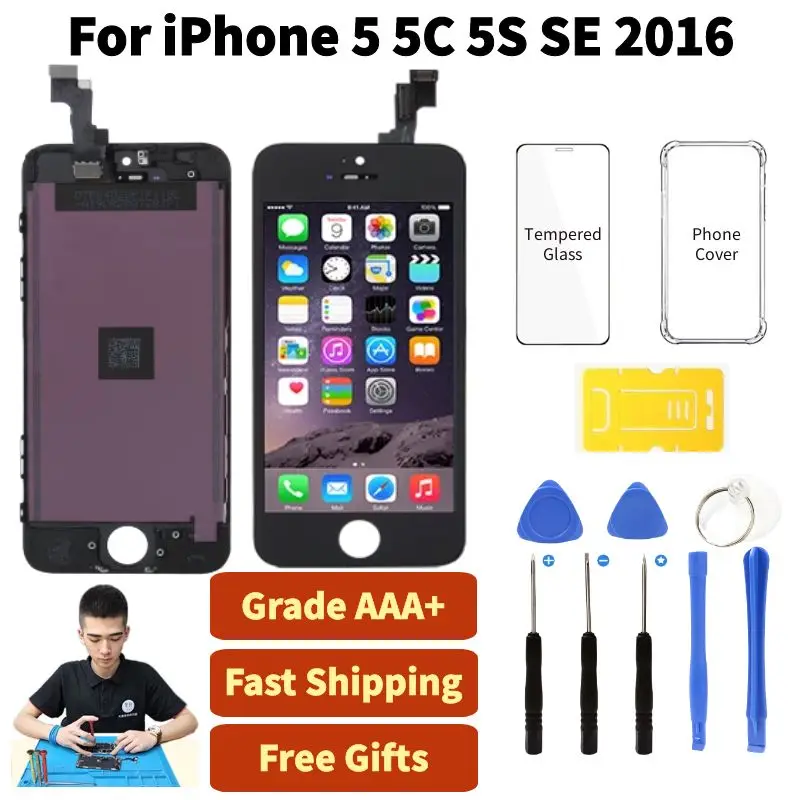 Ekran LCD dla iPhone 5 5S 5C SE 2016 wyświetlacz dotykowy Digitizer zgromadzenie czarny biały wymiana wyświetlacza Pantalla + etui + zestaw narzędzi
