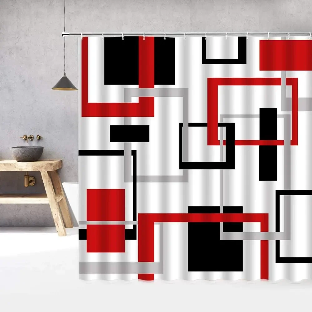 Abstract Geometric Black White Red Shower Curtain 3D Block Square Elegant Frame Modern Decor Fabric Bathroom with Hook Grey