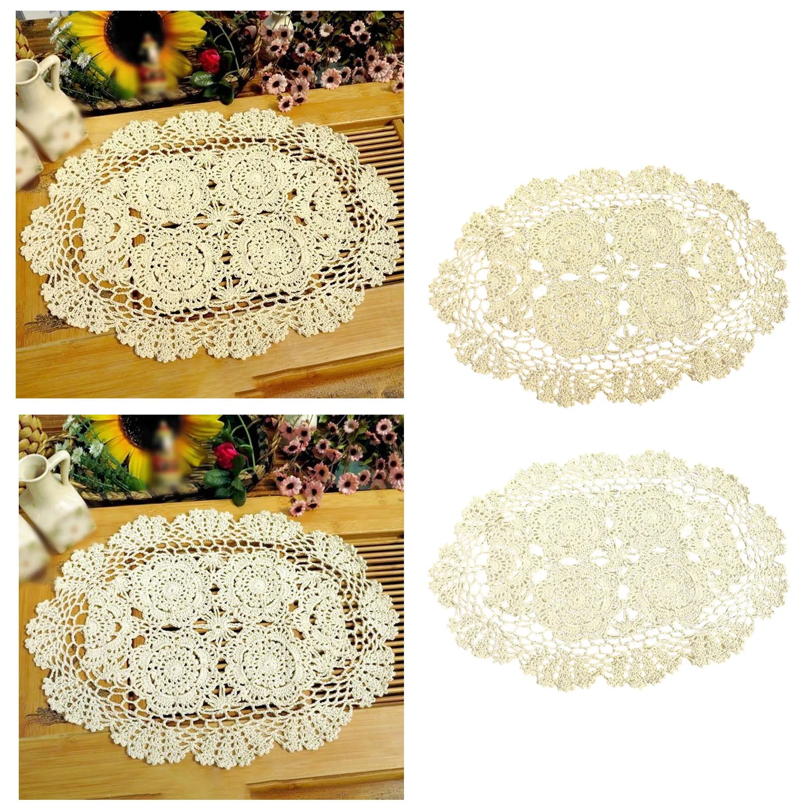Handmade Cotton Crochet Oval Placemats Openwork Lace Woven Non-Slip Heat-Insulating Tablecloth Retro Country Style Table Mats