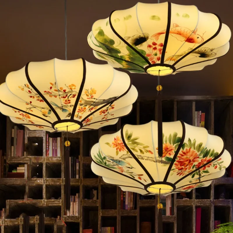 New Chinese restaurant restaurant hot pot restaurant tea house tea room lamps antique fabric hand-painted cage lamp LX110712