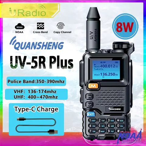 Quansheng UV-5R 플러스 워키토키, C타입 충전, 듀얼 밴드 UHF VHF NOAA 무선 주파수, 경찰 밴드, 양방향 라디오, 8W, 3800mAh