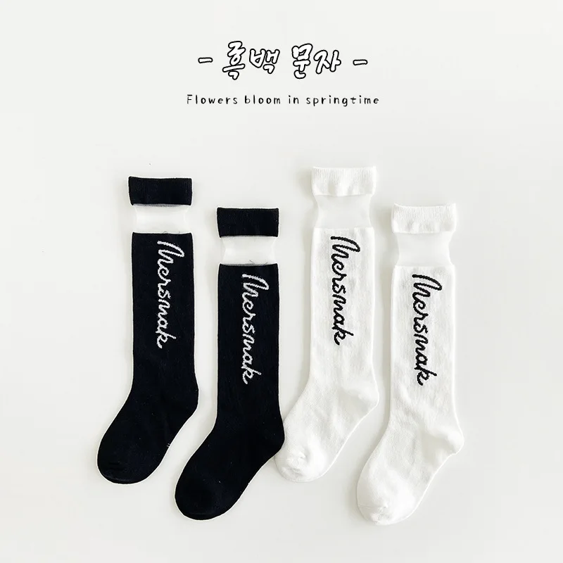 

2 Pairs Girls Socks Summer Long Socks Knee Sock Summer Trendy Thin Letter Socks Baby Mesh Socks