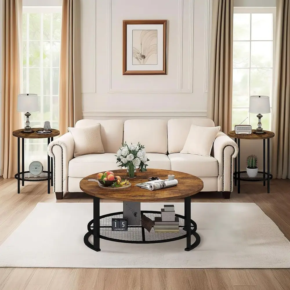 Round Coee Table and End Table Set o 3 with Storage, ern Vintage k Brown Coee Table and Side Table or Living Room, Oice, Aparent - view 4