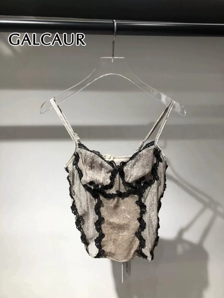 

GALCAUR утягивающий ажурный жилет с цветными блоками для женщин, квадратный вырез без рукавов, лоскутная аппликация, сексуальный топ, женская одежда