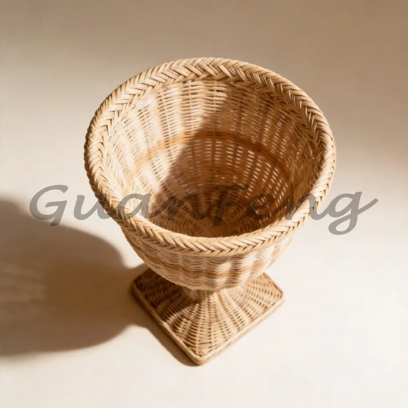 Hand‑woven Rattan Floor Vase with Square Base Handmade Natural Rattan Flower Pot Home Floor‑standing Decorative Basket