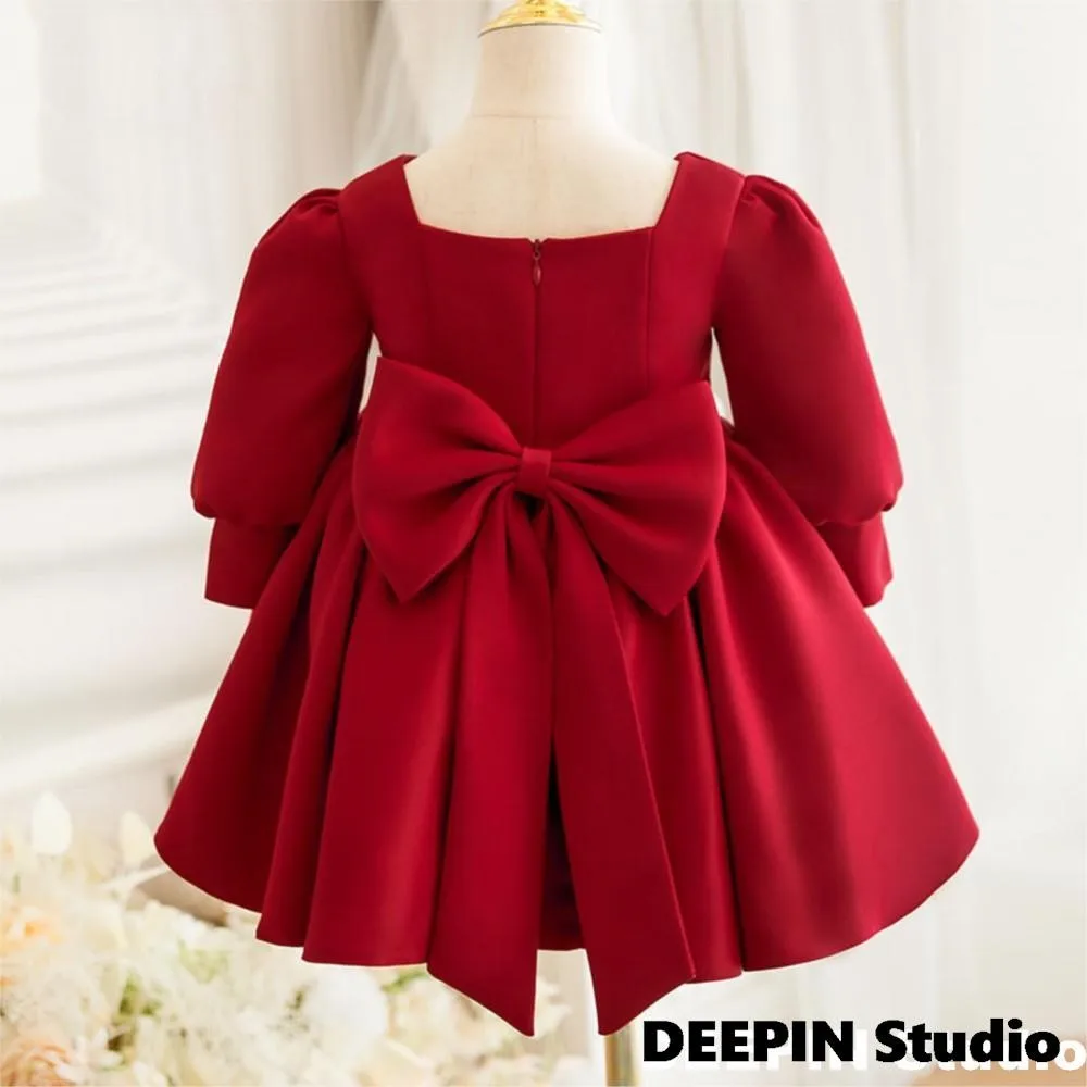 Red Bow Tie Dresses For Girls Dress Party  2024 New Children's Dress Girl Clothes Long Sleeve Princess Dress Children's Clothing