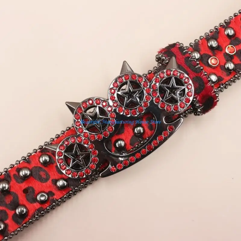 E56A Women's Men's Oversized Belt Leopard Print Rhinestones Embellished Rivets Accent Western Girdle for Hip Hop Event