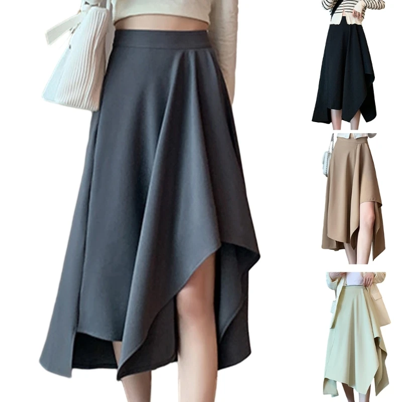 

Women Asymmetrical A-Line Midi Long Skirt Lady Girls Vintage High Waist Flowy Pleated Solid Color High Low Hem Irregular Skirts