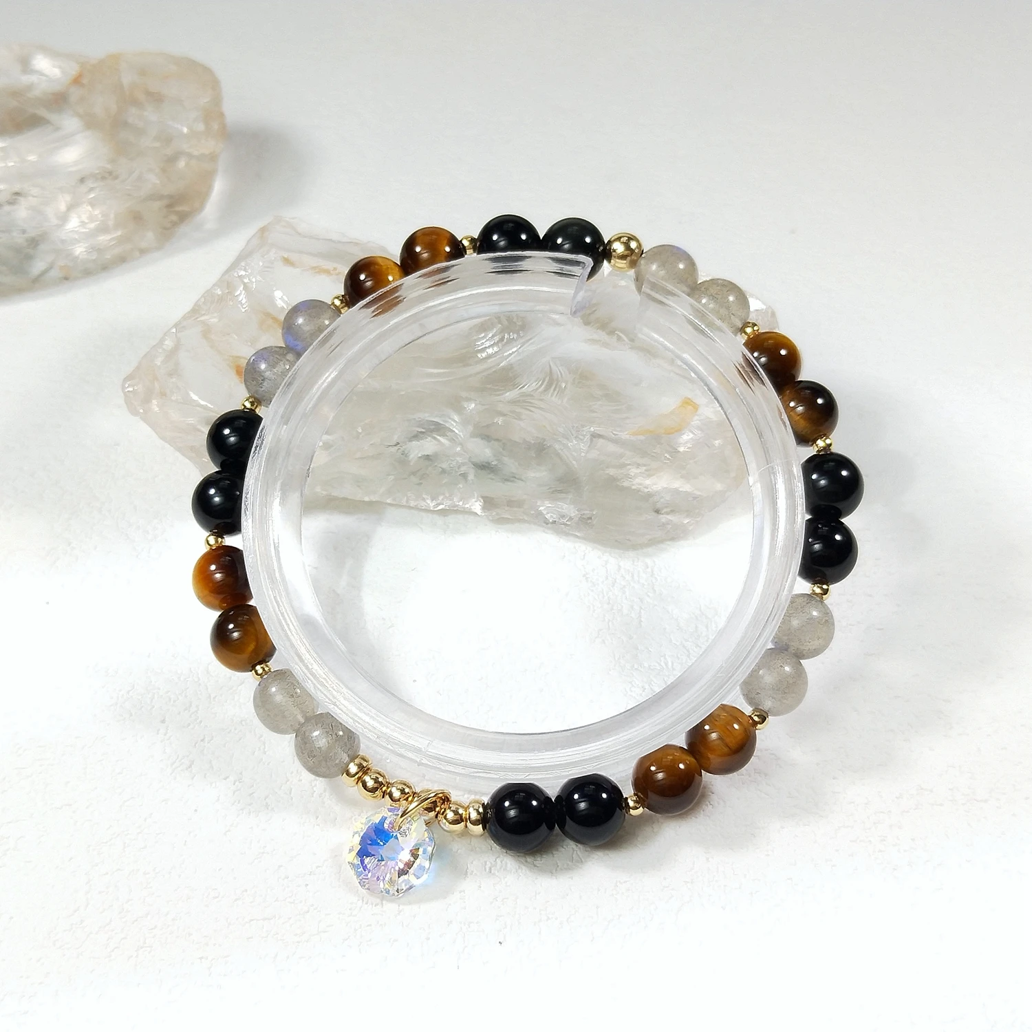 Lii Ji الحجر الطبيعي قوس قزح سبج عين النمر اللابرادوريت 6/8 مللي متر مع كريستال أمريكي 14K الذهب معبأ سوار مرن #3