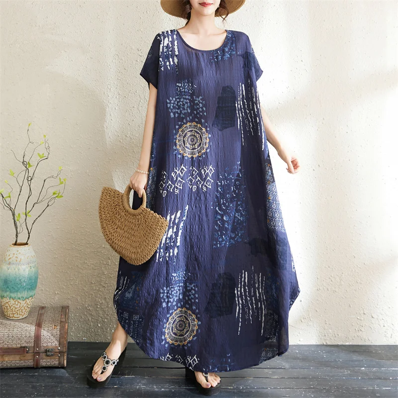 

Summer New Loose Long Printed Dress Irregular Hem round Neck Short Sleeve Women's Retro Style Cotton Citywalk Gown