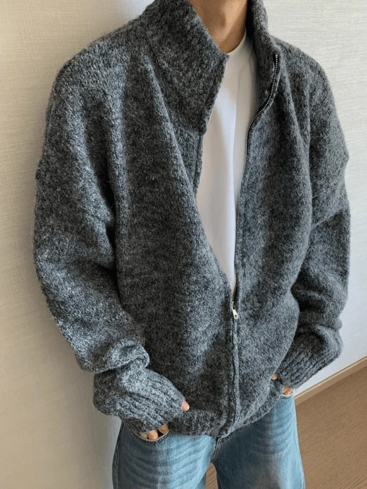 

Cleanfit Men's Oversized Zipper Cardigan Sweater Deep ey Lazy Sle Autumn Winter American Retro Heavyweight Stand Collar J...