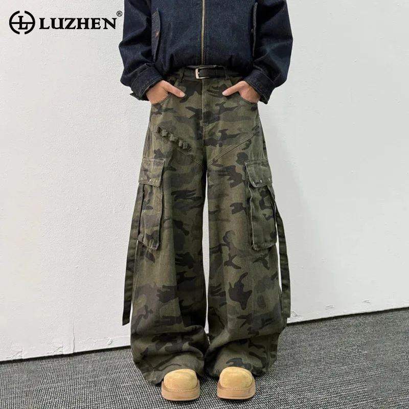

LUZHEN Ribbon Decorate Multi Pockets Design Loose Wide Leg Cargo Pants Men 2025 New Original Camouflage Printed Trousers JY4129