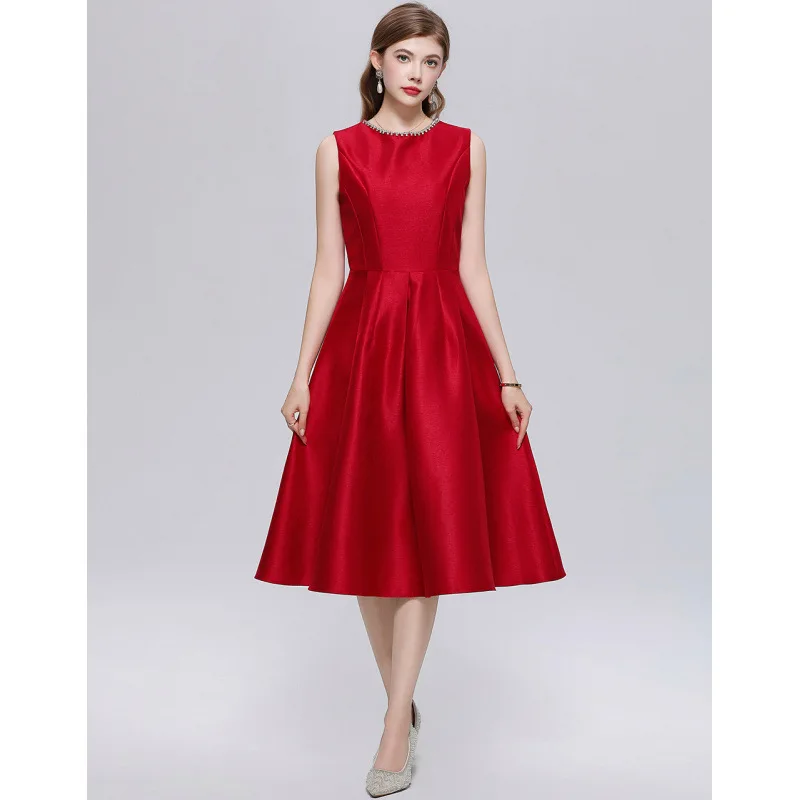 

Women High Quality Temperament Sleeveless Diamonds Waist Thin Dress