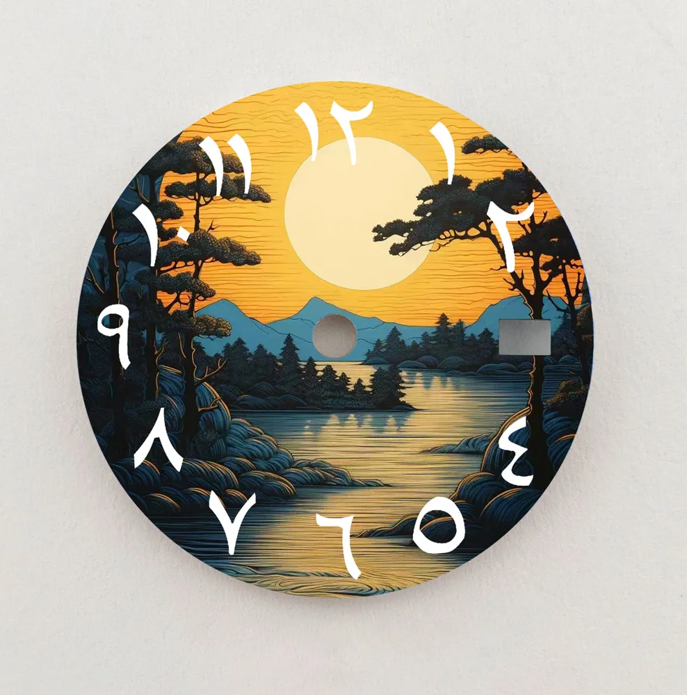 アラビア数字の文字盤,カスタムロゴ,湖と日没のシリーズ,28.5mm,モバイル,nh35,36に適しています