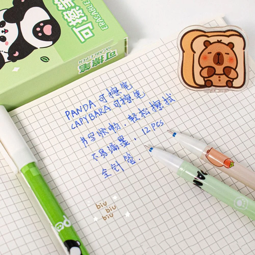 

12PCS INS Cute Capybara Erasable Pen Kawaii Aesthetic Panda Erasable Pen Blue Ink 0.5mm Student Gel Pen Writing Accessories