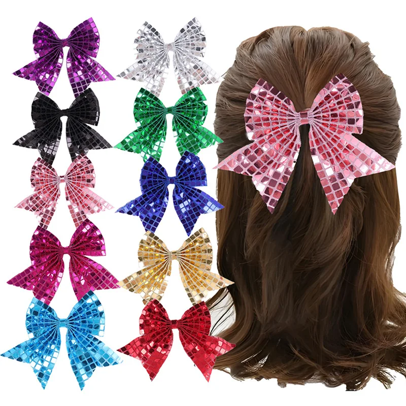 12pcs/lot 8 Inches New Solid Color Sequin Bow Hair Clips for Girls Shinny Retro Duckbill Clip Accessories Sweet Hair Decoration
