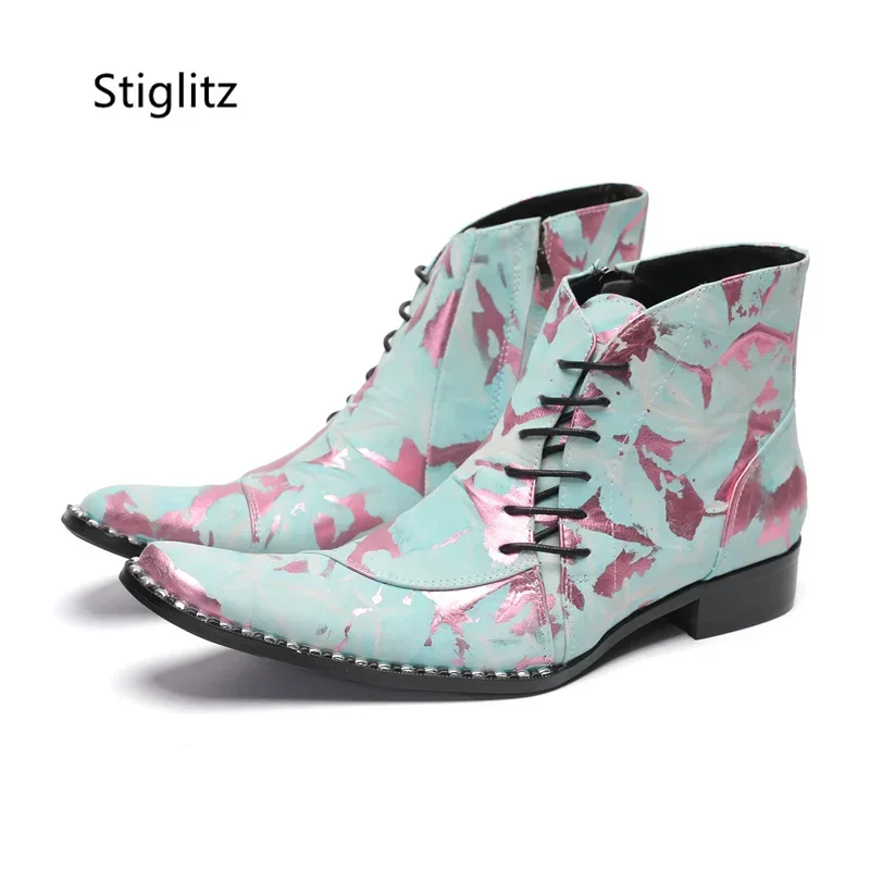 Print Graffiti Ankle Boots Zip Genuine Leather Chelsea Boots for Men British Style Short Western Boots Elegant Men's Shoes