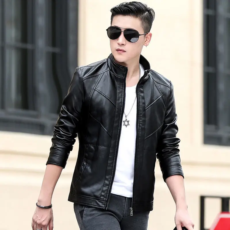 

2022 Spring Men Solid Faux Leather Jackets Motorcycle Outwear Slim PU Leather Coats Autumn Thin Hip HopTops Streetwear W404