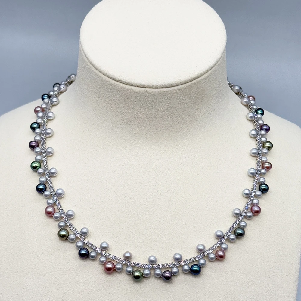 Rainbow Color Real Pearl Necklace with 3-5mm Multicolor Mini Freshwater Pearls Tiny Diamond-cut Beads and Extension Chain