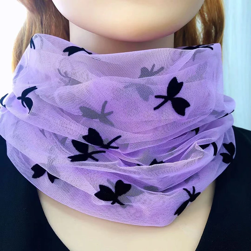 Fashion Flowers Print Flocking Mesh Women\'s Silk Scarf Summer Lace Long False Collar Neck Guard Pullover Sunscreen Scarves T92