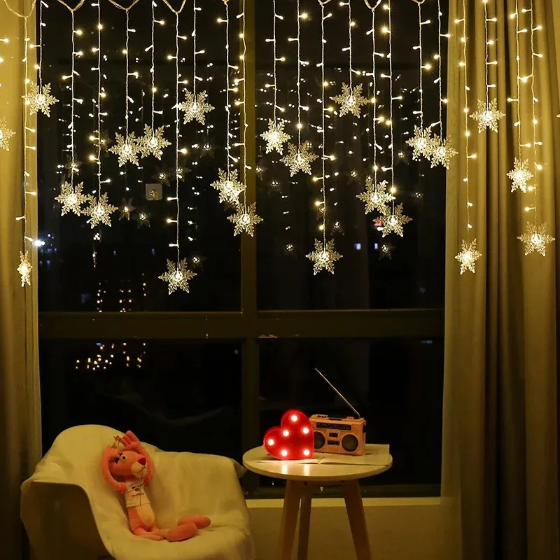 Flashing 8 Modes EU Plug New Year 2025 Snowflake Window Curtain LED Icicle Fairy Light Garden Christmas Decoration for Home