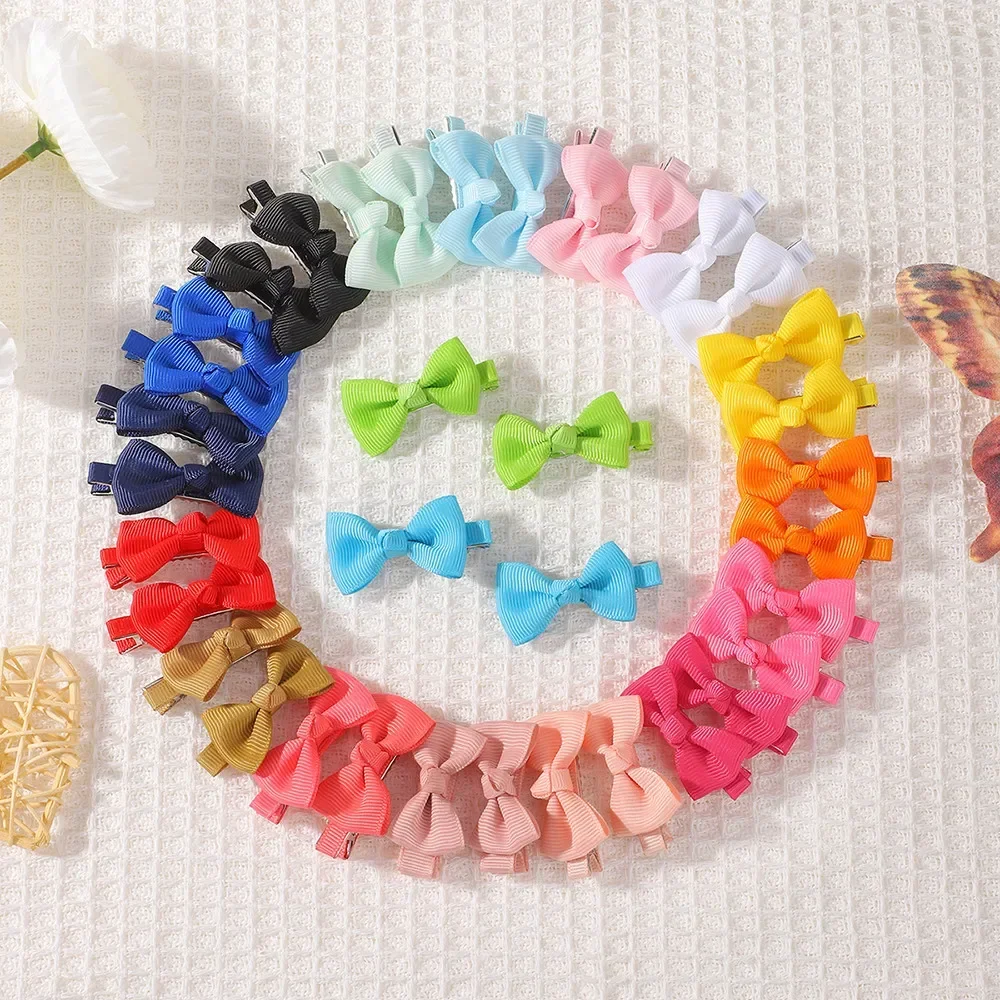 Random Color Macaron Bright Solid Small Bow Hair Clips 2Pcs Per Shade Sturdy Ribbon Barrettes Kid Daily Outdoor Hair Accessories