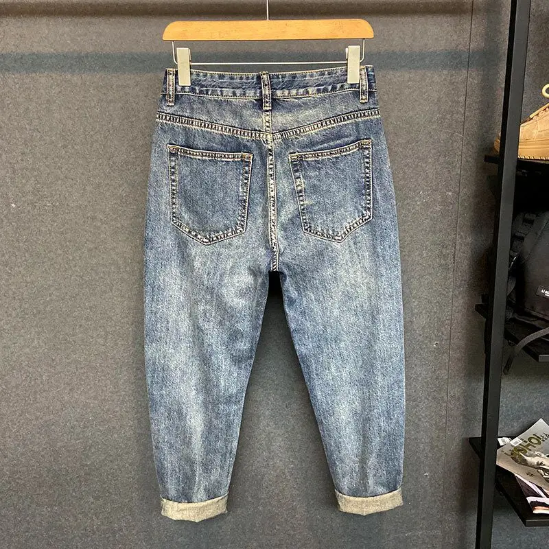

Foufurieux Autumn American Retro Washed Tapered Jeans for Men Stylish Patchwork Loose Casual Haren Cropped Pants Men Clothing