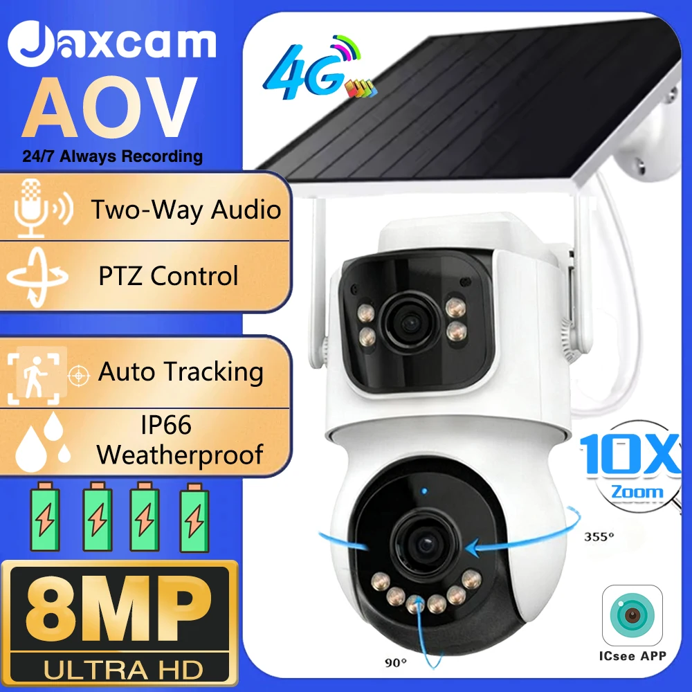 

8MP IP Camera AOV 7/24 Record Dual Lens Dual Screens WiFi Full Color Night VisionSolar Powered CCTV Outdoor Solar Security Camer