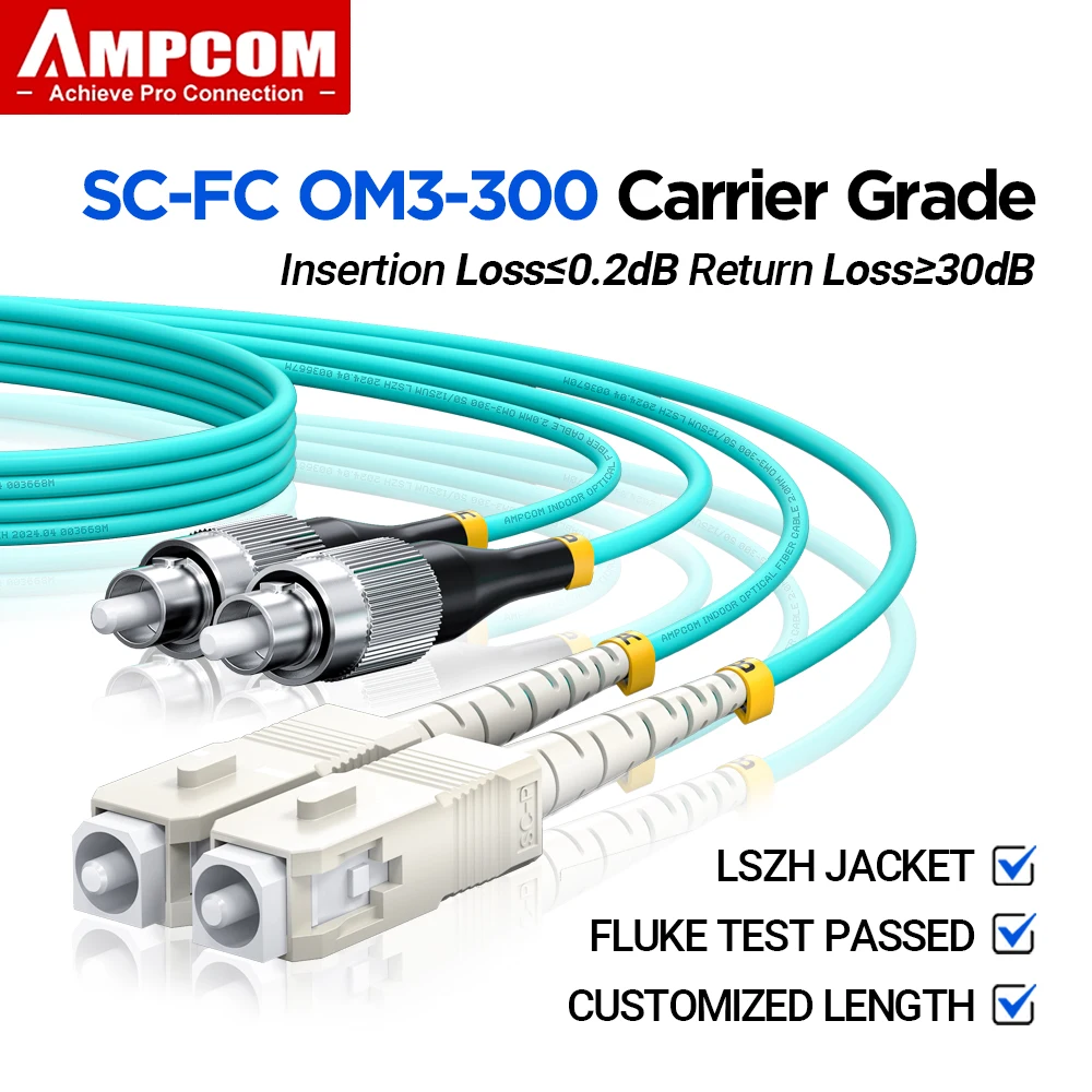 AMPCOM SC to FC UPC OM3 Волоконно-оптический патч-кабель Многорежимный дуплексный кабель, 50/125 мкм, наружный диаметр 2,0 мм, LSZH OFNR, 1-100 метров