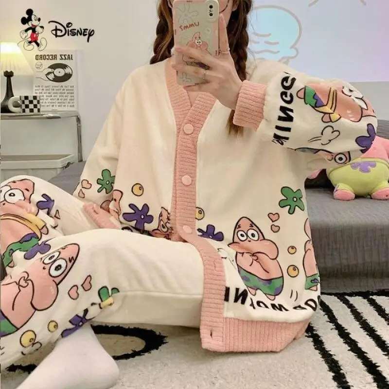Ensemble pyjama chaud à manches longues pour étudiantes, Kawaii, vêtements de maison épais pour femmes, ensemble deux pièces doux et à la mode, Anime, hiver