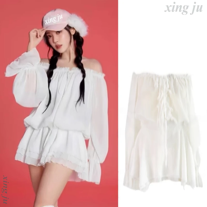 

Women Singer White Strapless Long Sleeve Chiffon Dress Kpop Jazz Dancer Costume Summer Nightclub Dj Girl Stage Performance Wear