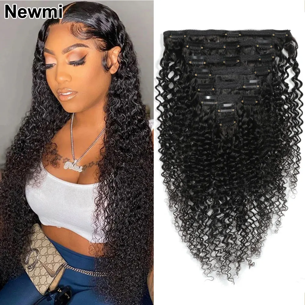 Newmi Kinky Curly Clip-in extensões de cabelo para mulheres negras, cabelo humano natural, preto, 3b, 3c, 120g por conjunto, 8pcs