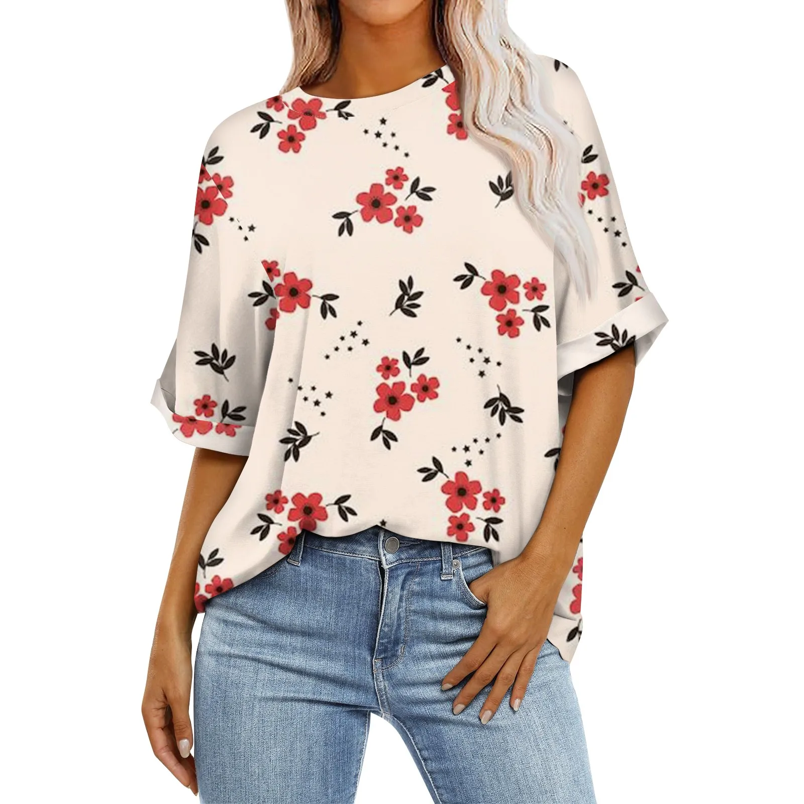 Women'S T Shirt Printed Falling Shoulder Sleeve 3/4 Sleeve Daily Weekend Fashion Basic V Neck Regular Top Women'S Clothing