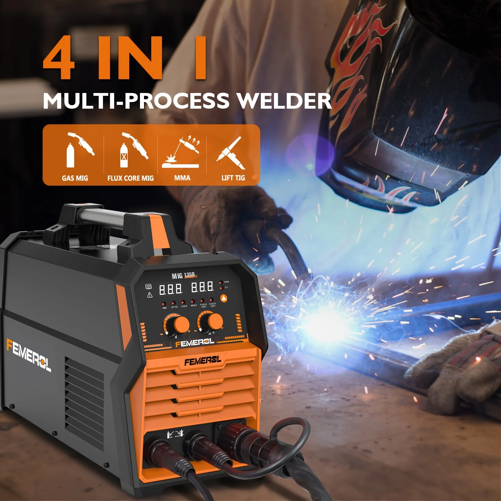 FEMEROL 4 In 1 Welding Machine 135A Flux Cored MIG Lift TIG Stick ARC Welder 110V Synergic Control Portable Hot Start MIG Welder