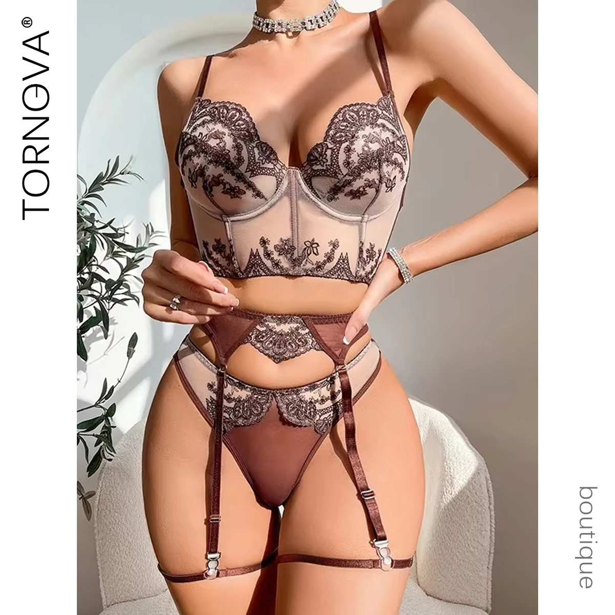 

Tornova Sexy Thin Bra Set For Women Embroidered See-Through Mesh Lace Patchwork Push-Up Sexy Contrast Color Underwear New Suit