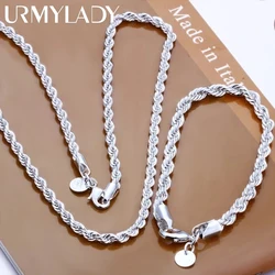 URMYLADY high quality 925 sterling silver 4MM women men chain male twisted rope necklace bracelets fashion Silver jewelry Set