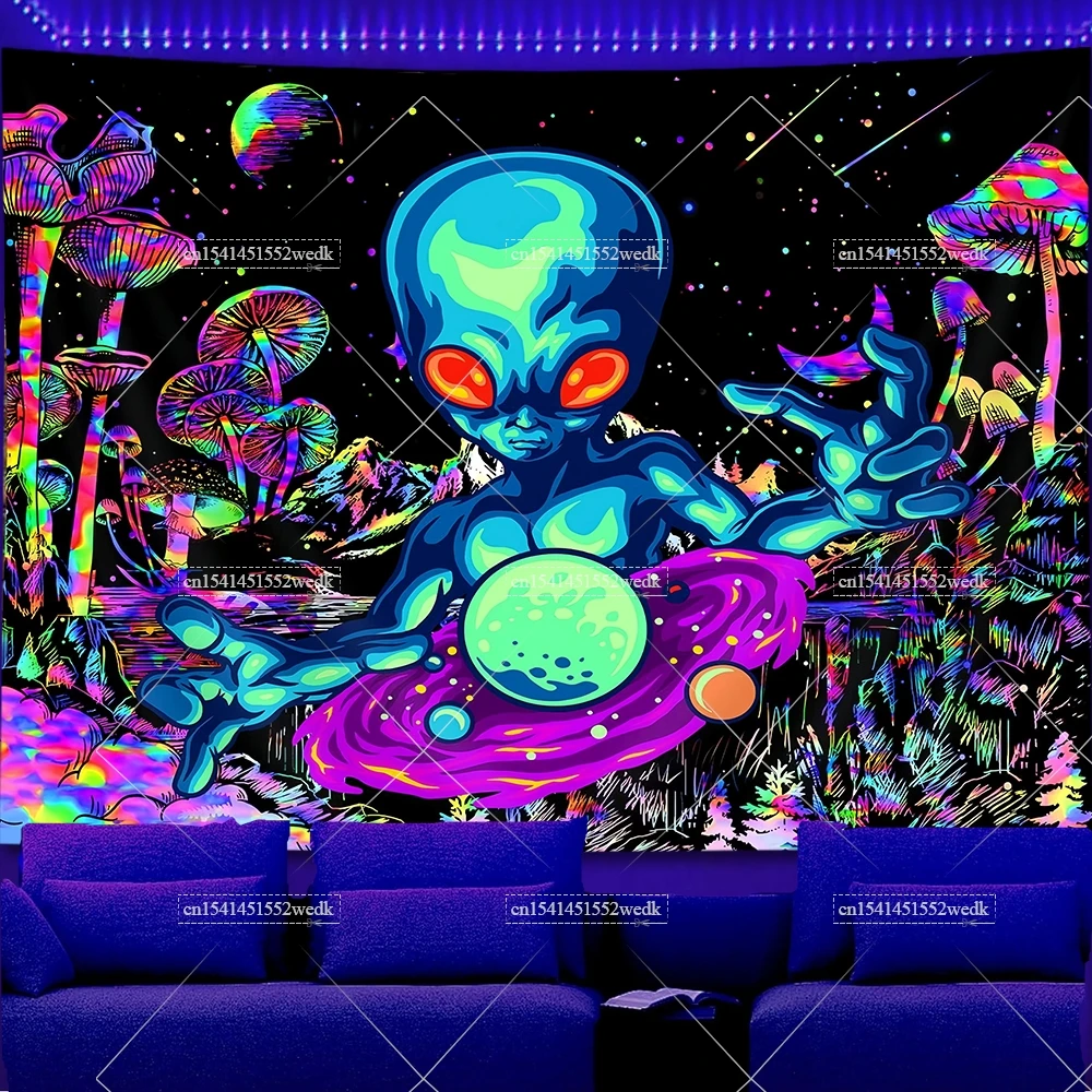 Blacklight Space Alien Tapestry UV Reactive Galaxy Planet Glow In