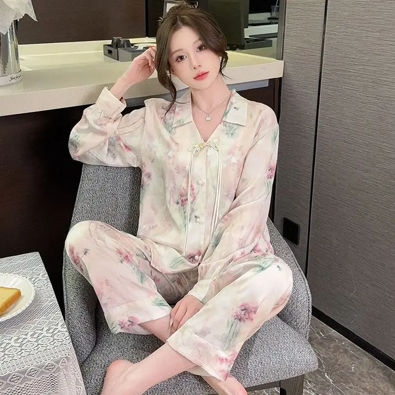 

Spring and summer new Chinese style pajamas, ice silk long sleeves, large size home clothes set, retro buckle home clothes