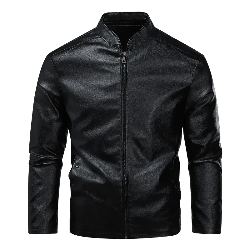 

Men High Street Round Neck Zipper Pockets All-match Coat Solid Color Fashion Outwear New Punk Style Motor Biker Leather Jackets