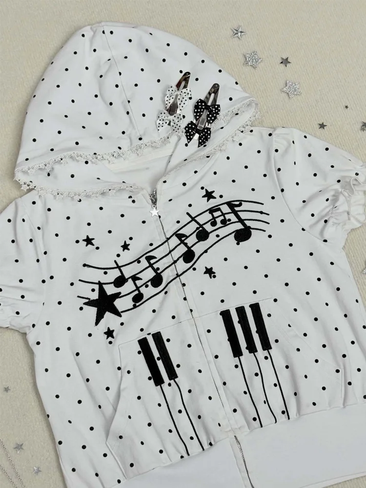Summer Y2K white polka dot women's piano music star print slim fit hooded zipper short sleeved lace border daily fashion T-shirt view 5