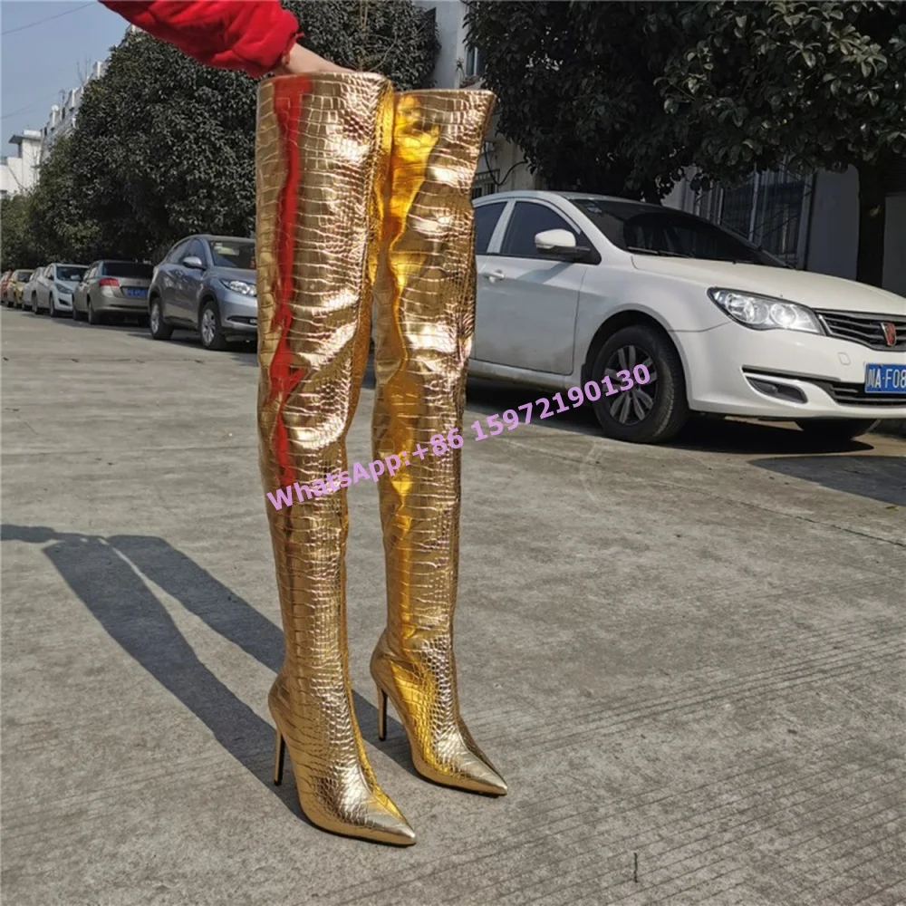 

Gold Thigh High Boots Pointy Toe Thin Heels Back Zipper Solid Fashion Leather Shoes 2025 Sexy Hotties Stage Winter Long Boots