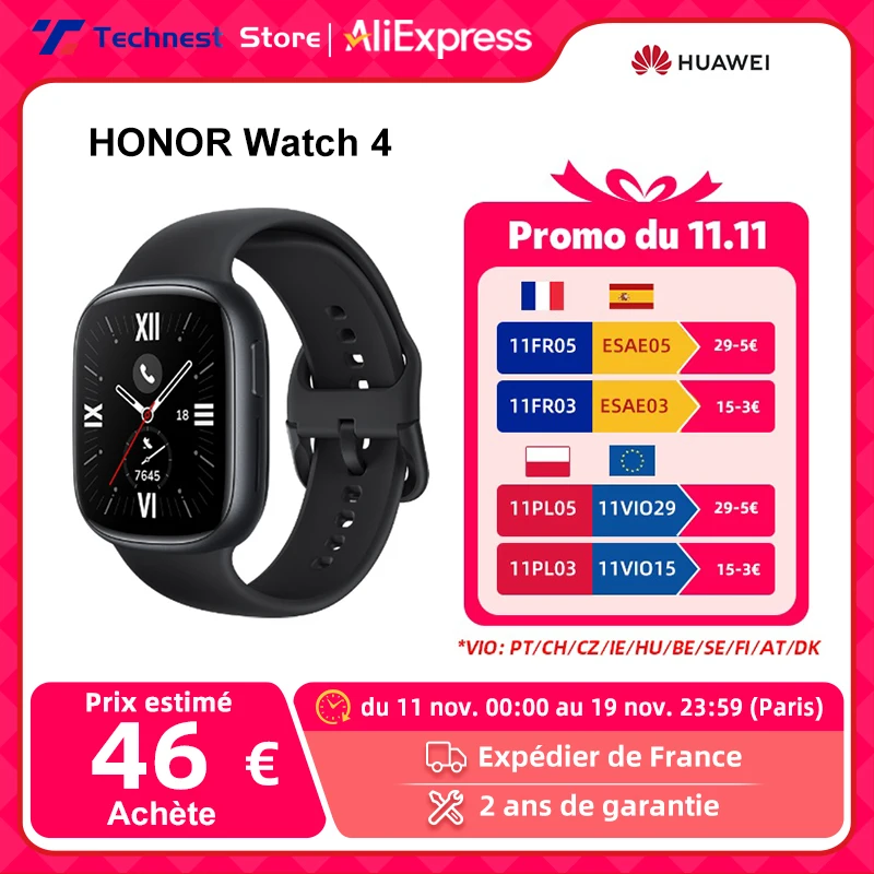 النسخة العالمية HONOR Watch 4 ساعة ذكية 5ATM مراقب الأكسجين في الدم BT5.2 GPS بلوتوث 5.2 بطارية تصل إلى 14 يومًا طويلة