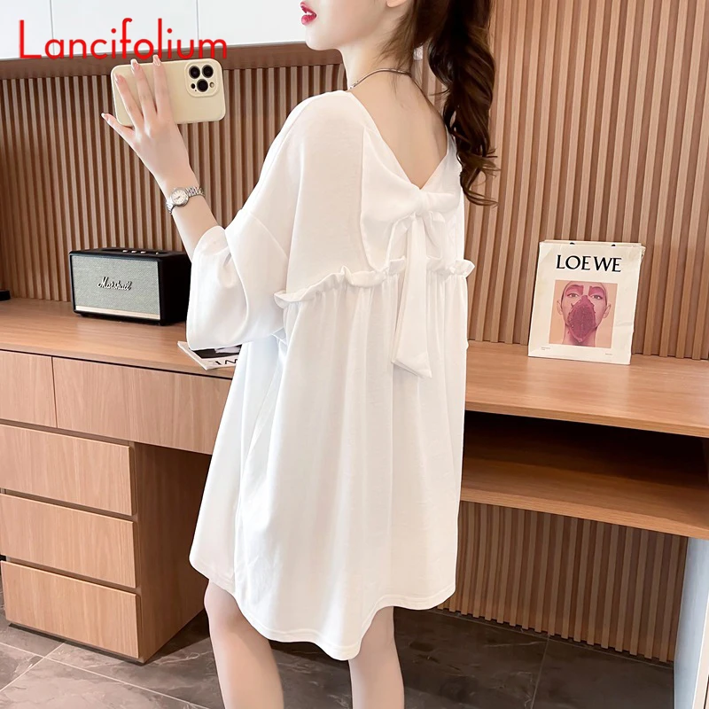 Summer Women White Oversized Back 3D Big Bow Patchwork Short Sleeve Love Graphic Letter T Shirt Korean Kawaii X-Long Tshirts Top