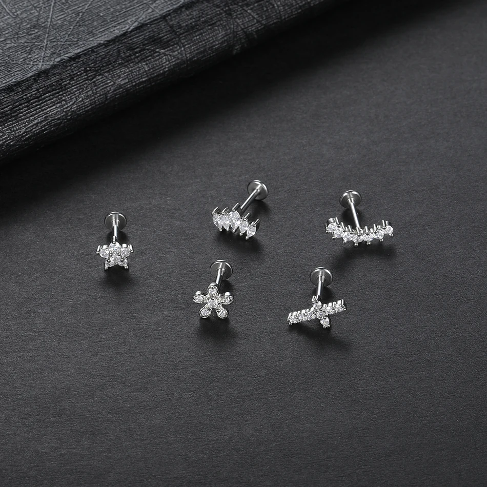 10pcs Stainless Steel Cross Flower Petal Zirconia Stud Earring for Women  Tragus Helix Piercings Labret Lip Stud Brincos 